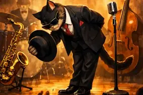 Cartoon of a cool jazz cat taking a bow on stage.