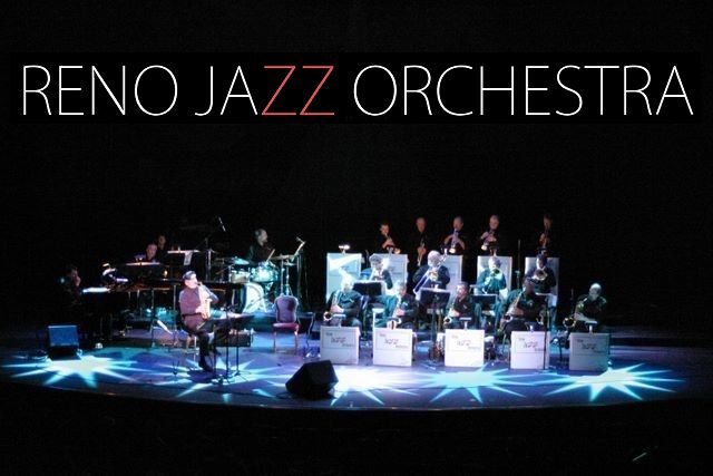 Reno Jazz Orchestra title above a photo of the Orchestra playing live on stage